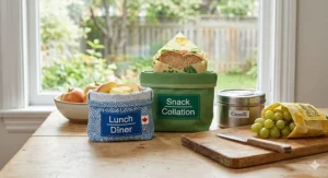 Eco-friendly reusable snack bags with "Lunch / Dîner" labels, highlighting bilingual plastic-free school supplies for Canadian families.