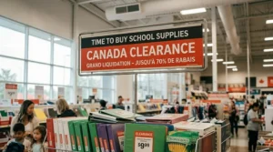 A "Sale / Soldes" promotional sign in a Canadian stationery aisle highlighting back-to-school savings.