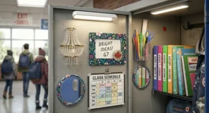 A Grade 7 student locker door featuring a bilingual English and French class schedule and colorful organizational labels.