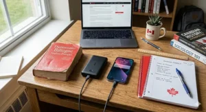 Flat lay illustration of a Canadian student’s desk featuring a power bank, a French-English dictionary, and a maple leaf notebook.