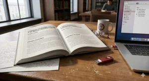 An illustration of a USB flash drive for students surrounded by floating French and English academic icons, representing bilingual study notes.