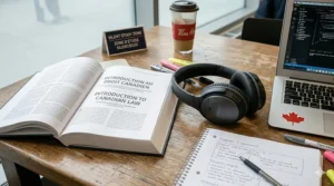 An open French-English textbook next to wireless noise cancelling headphones for focused studying.