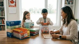 Stacked boxes of facial tissues and glue sticks, common items on a Canadian classroom "shared list" bought on clearance.