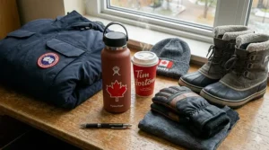 Photorealistic campus winter essentials for Canada featuring a warm parka, Sorel-style boots, a Roots toque, and a steaming Tim Hortons cup.