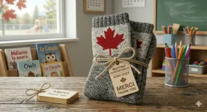 Red and white salt-and-pepper cabin socks, a cozy "made in Canada" style gift for teachers to relax during winter break.