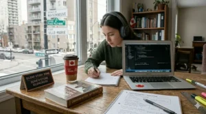 A laptop and a double-double coffee next to noise cancelling headphones for studying in a vibrant local cafe.