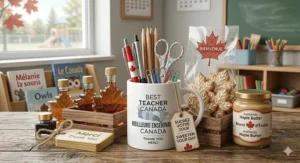 Small-batch Canadian maple syrup bottle and maple leaf-shaped cookies, a sweet local gift for teachers under $30.
