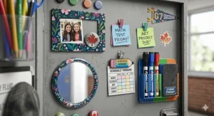 Illustration of a narrow school locker with a heavy winter parka on a hook and a boot tray at the bottom to manage snow and slush.