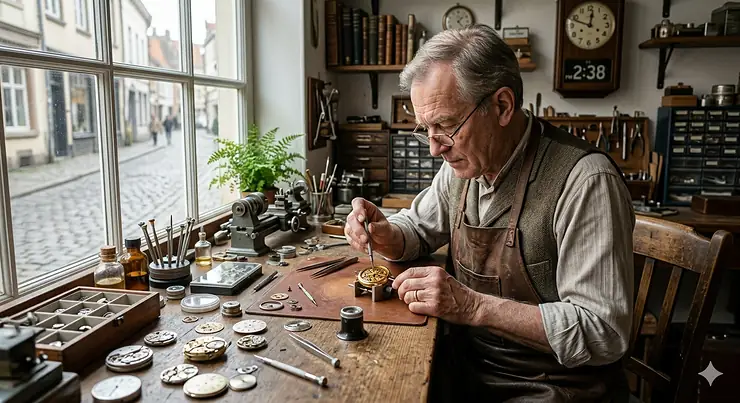A master craftsman working with precision on a vintage watch by a frosted window, representing the deep focus of Canadian university students who love studying. This featured image highlights premium Christmas gift ideas fo