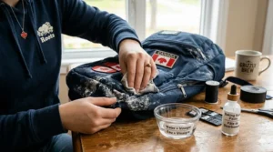 Illustration of using a vinegar and water solution to remove white salt stains from a backpack fabric after a Canadian winter.
