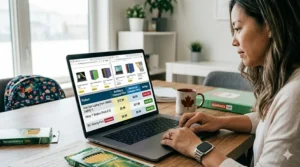 A laptop screen showing price comparisons between major Canadian retailers for the best clearance deals.