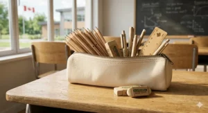 Organic cotton pencil case filled with plastic-free school supplies like recycled paper pens and graphite pencils.