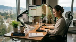 A high-resolution 4K photograph of the Vancouver student from image_0.png in the same room, focusing on how a task desk lamp reduces glare. A diagrammatic green glowing line visually connects the focused LED light to the screens, annotated with small eye and arrow icons indicating "REDUCE GLARE" and "PREVENT EYE STRAIN."