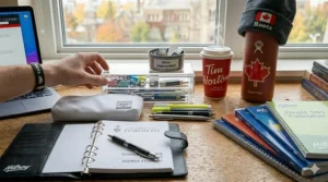 Dorm room organization supplies for Canadian university students featuring clear acrylic storage bins and bilingual desk accessories.