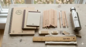Flat lay illustration of plastic-free school supplies including FSC-certified notebooks and bamboo rulers, popular in Canadian classrooms.