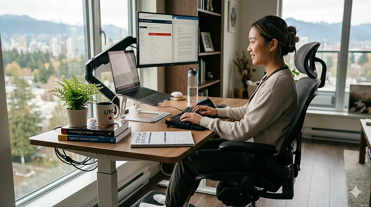 A photorealistic, 4K resolution image of a diverse Canadian student maintaining perfect posture in a sunlit home office, utilizing an ergonomic chair, an adjustable-height desk, and a laptop stand to support long study sessions. ergonomic study setup for students