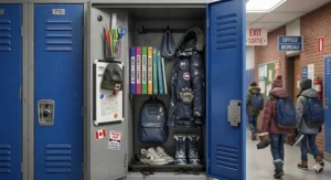 Essential locker supplies for Grade 7 students including a foldable metal locker shelf, magnetic pencil cup, and a dry-erase whiteboard.