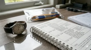 An analog wristwatch and study planner used as Grade 12 final exam supplies to manage time during Ontario provincial testing.