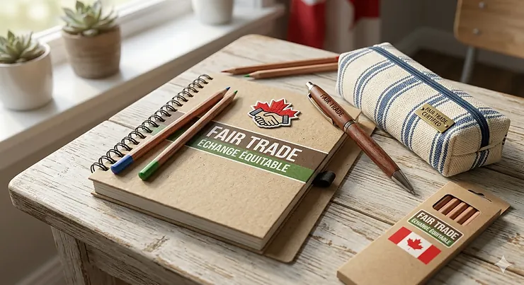 A flat-lay of ethical fair trade school supplies including recycled paper notebooks and organic cotton pouches for Canadian students.