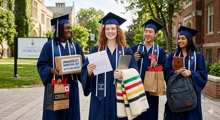 A curated collection of first day of school gift ideas including a maple leaf patterned notebook, a bilingual French-English planner, and a durable thermal water bottle on a wooden desk.