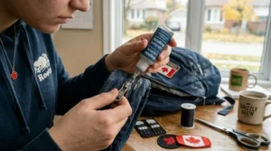 Close-up of applying graphite lubricant to a metal backpack zipper to repair sticking caused by Canadian winter humidity.