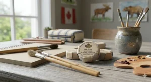 FSC-certified and fair trade pencils displayed next to a Canadian maple leaf, highlighting sustainable stationery.