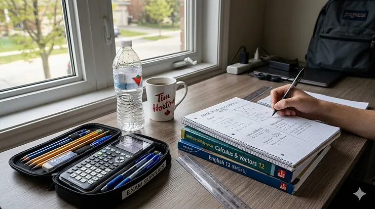 A student's desk in Ontario set up with Grade 12 final exam supplies including a graphing calculator, HB pencils, and a clear water bottle for the OSSD provincial exams.