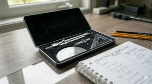 A complete geometry set for Grade 12 final exam supplies, essential for Ontario STEM students' advanced functions and physics finals.