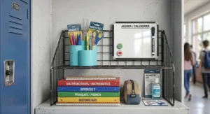 Personalized locker supplies for Grade 7 students featuring magnetic photo frames and a small O Canada maple leaf sticker for decoration.