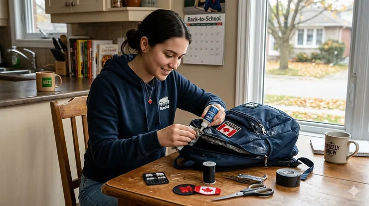 A student repairing a durable backpack in a Canadian home setting, focusing on fixing a zipper stuck from salt and snow. how to repair school backpack Canada