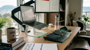 A photorealistic 4K close-up of the silver laptop stand, split keyboard, and vertical mouse from image_0.png in the same Vancouver apartment. A soft green glow highlights how the stand elevates the screen to eye level while the external peripherals keep the user's wrists neutral.