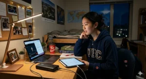 Illustration of a student studying late in a dorm room using a portable power bank to keep their tablet powered for finals.