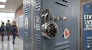 Motion-sensor LED locker lights and a mini magnetic chandelier illuminating locker supplies for a Grade 7 student.