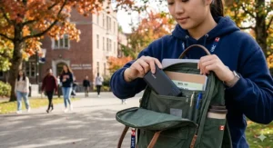 Minimalist illustration showing a slim power bank for university students fitting easily into a compact laptop bag.