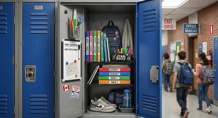 A fully organized Grade 7 school locker in a Canadian middle school featuring a magnetic mirror, hanging shelves, and a Success/Succès bilingual locker magnet.
