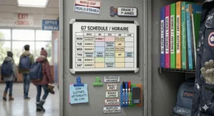 Close-up of magnetic locker supplies for Grade 7 students including a floral patterned mirror and a clip for reminders or a school schedule.