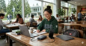 Stylized graphic of a student at a Vancouver campus cafe charging multiple devices with one high-speed power bank.