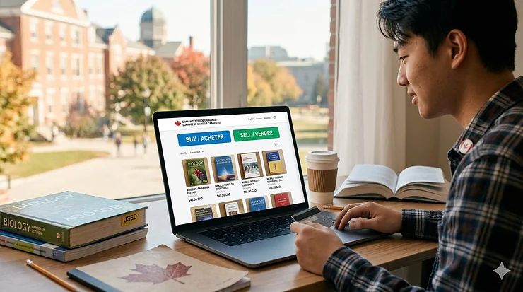 An illuminated laptop screen displaying a Canadian online marketplace interface for used textbooks, featuring bilingual "BUY / ACHETER" and "SELL / VENDRE" buttons and localized listings with prices in CAD.