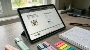 A tablet showing digital study resources for Grade 12 final exam supplies focused on the Ontario secondary school Brightspace curriculum.