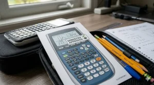 An illustration of a graphing calculator required for Grade 12 final exam supplies in Ontario secondary schools with a Ministry Approved checklist.