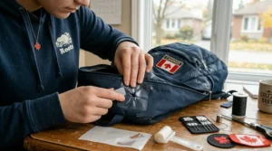 How to apply an adhesive waterproof patch to the bottom of a nylon school bag to fix small tears and holes.