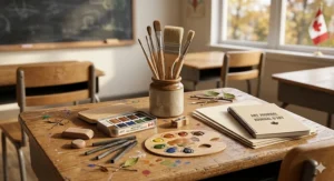 Natural non-toxic paints and wooden brushes, representing plastic-free school supplies for creative elementary students in Canada.