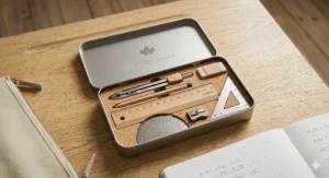 A minimalist metal geometry set and wooden compass, a sustainable alternative for Canadian high school math students.