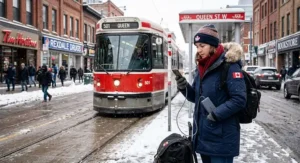 Illustration of a student using a power bank for university students while waiting for a TTC streetcar in the snow.