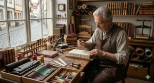 An expert bookbinder applying gold leaf to a leather journal, representing high-quality Christmas gifts for students who love studying history or literature at Canadian universities.
