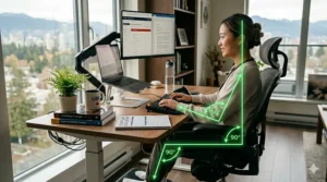 A high-resolution, photorealistic diagram of the student from image_0.png seated in her Vancouver home office, illustrating the ideal 90-90-90 ergonomic posture rule with glowing green diagrammatic overlays for joints and spinal alignment.