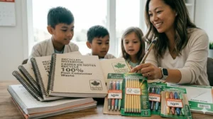 Eco-friendly recycled notebooks and FSC-certified pencils featuring Canadian maple leaf environmental labeling.