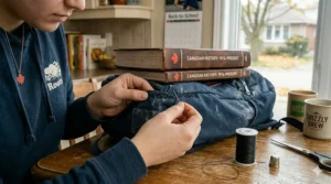 Illustration showing where to add extra stitching to backpack seams to support the weight of heavy Canadian high school textbooks.