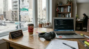 A home office setup in a Canadian apartment with noise cancelling headphones ready for a quiet study session.