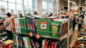 Red clearance tags on binders and pens at a Canadian retail store during a late summer price drop.
